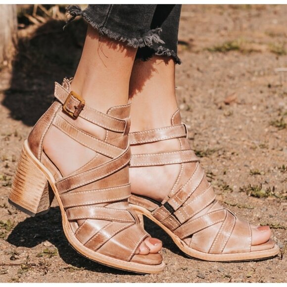 Freebird Claw Taupe Strappy Leather Distressed Heeled Sandals Tan Booties Edgy - Picture 3 of 14